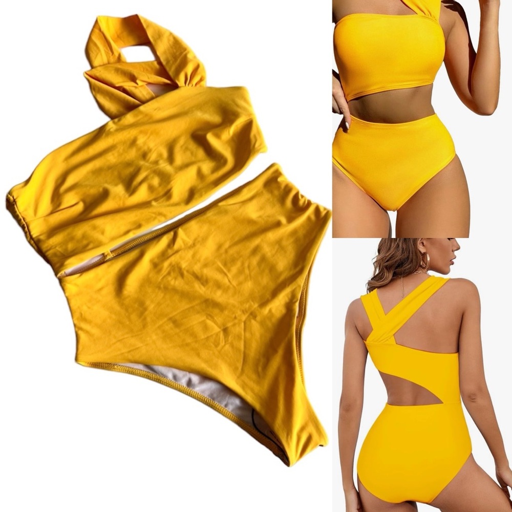 SHEIN one piece women’s yellow swimsuit assymetrical high waisted bottom size L